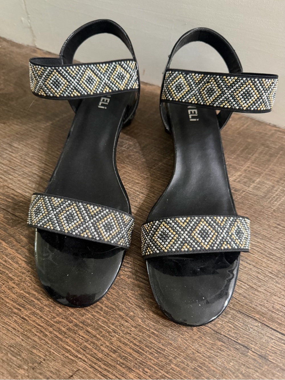 Vaneli Black Sandals NWOT, Gold and Silver Beaded Straps size 11 N.